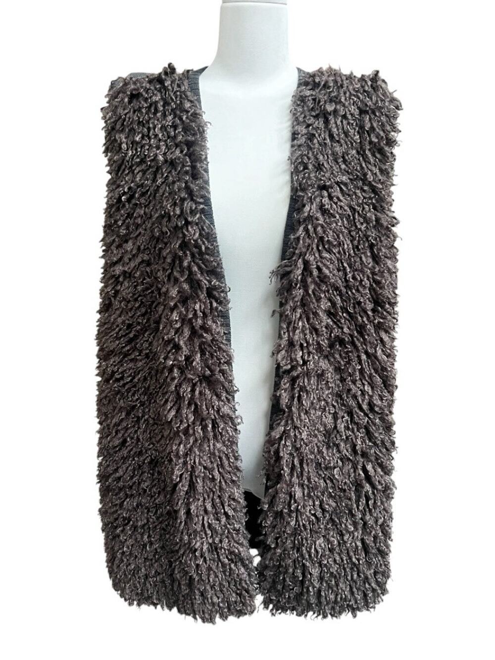 Blue Les Copains Shaggy Faux Fur Vest Open Front Brown Gray Statement M L? Italy